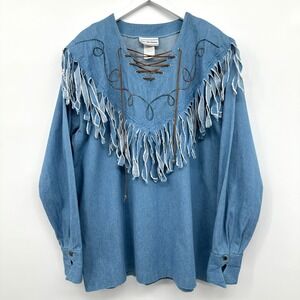 Vintage Denim Fringe Top Shirt Size 2X Shoulder Pads Rodeo‎ Cowgirl Boho Grunge